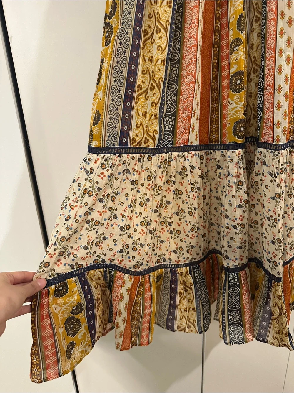 Bohemian Tiered Midi Dress in Cream Floral and Multi Stripe - Picture 3 of 10